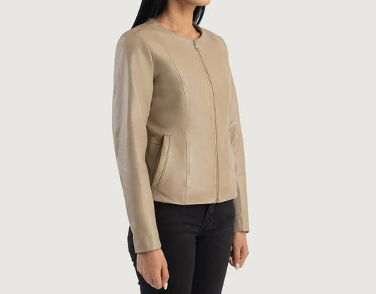 Classic Beige Women's Leather Jacket – Sleek & Stylish