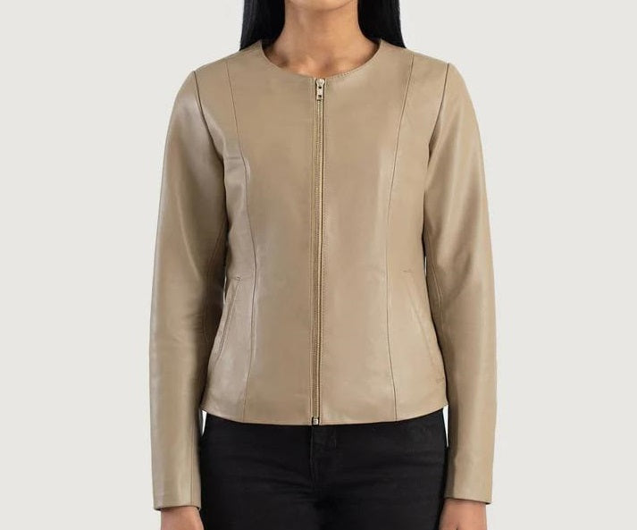 Classic Beige Women's Leather Jacket – Sleek & Stylish