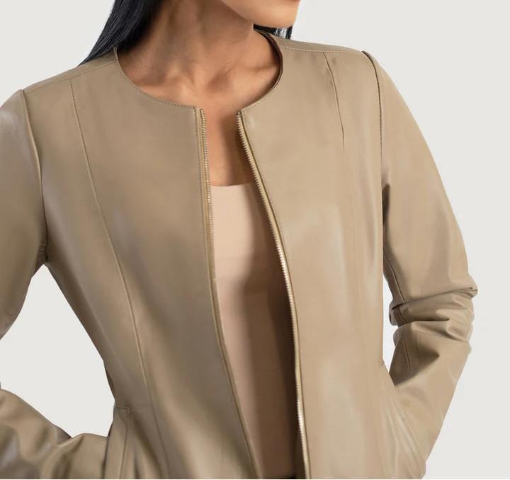 Classic Beige Women's Leather Jacket – Sleek & Stylish