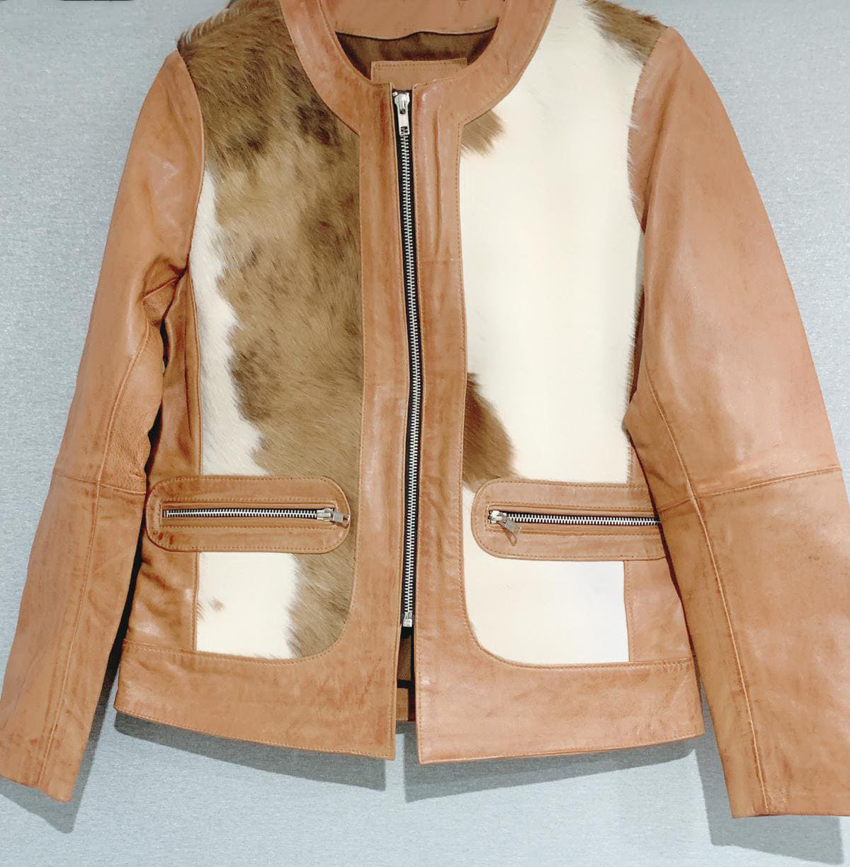 Rustic Chic Women's Leather Jacket with Cowhide Panels