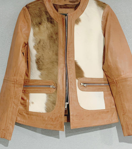 Rustic Chic Women's Leather Jacket with Cowhide Panels
